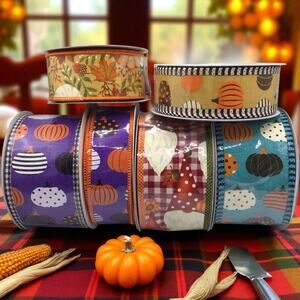 Pumpkin Gnome Ribbon Lot 6 Rolls 1.5" & 2.5" Wired Fall Halloween RG 60 Yds